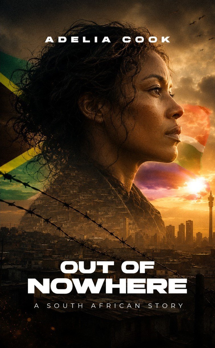 Front cover of Out of Nowhere: A South African Story by Adelia Cook: a woman in profile against a smoky Johannesburg sunset, with barbed wire and the colours of the South African flag